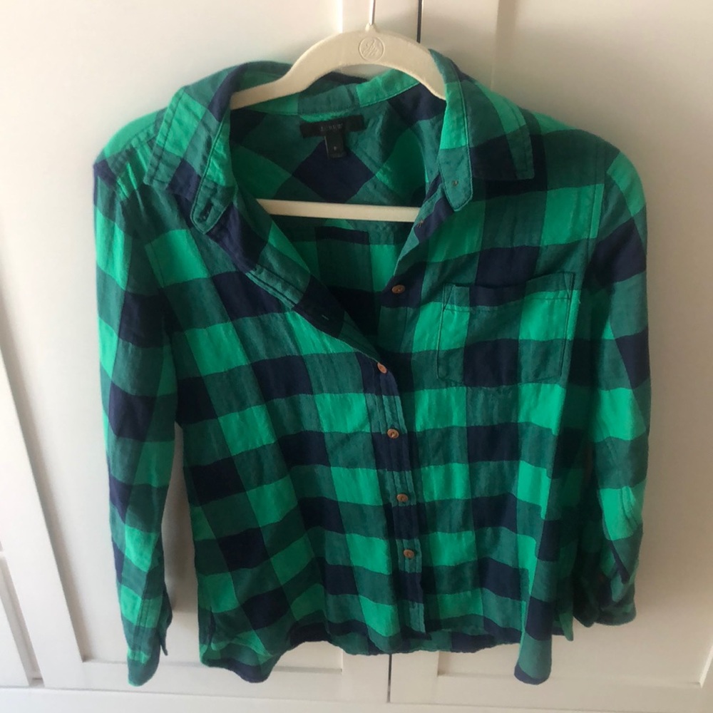 J Crew button down, navy and green buffalo plaid